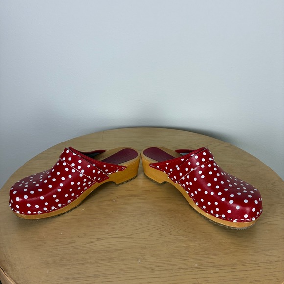 Bjork Swedish Comfort Emma Red Polka Dot Leather Wooden Clogs Women's 39 - Picture 3 of 8